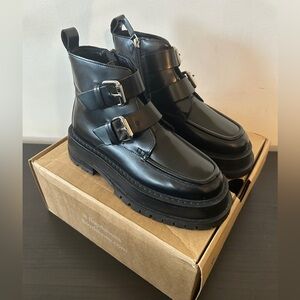 New Floyd Black Leather Buckle Platform Ankle Boots